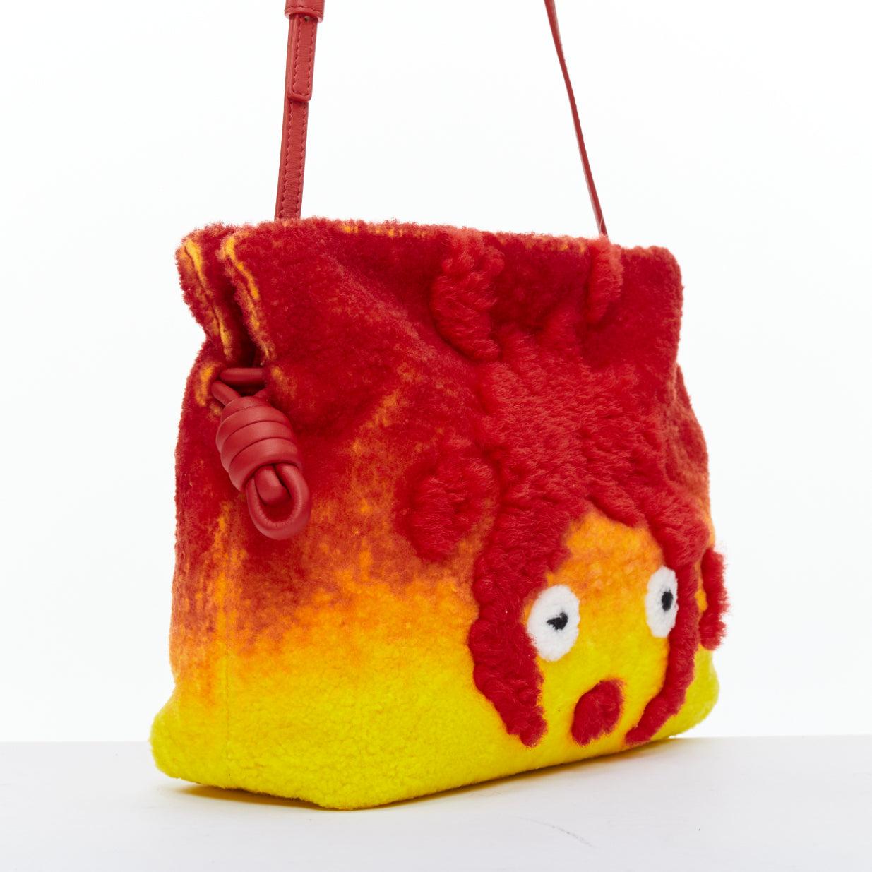 Red LOEWE Howls Moving Castle Flamenco Calcifer red yellow shearling clutch bag