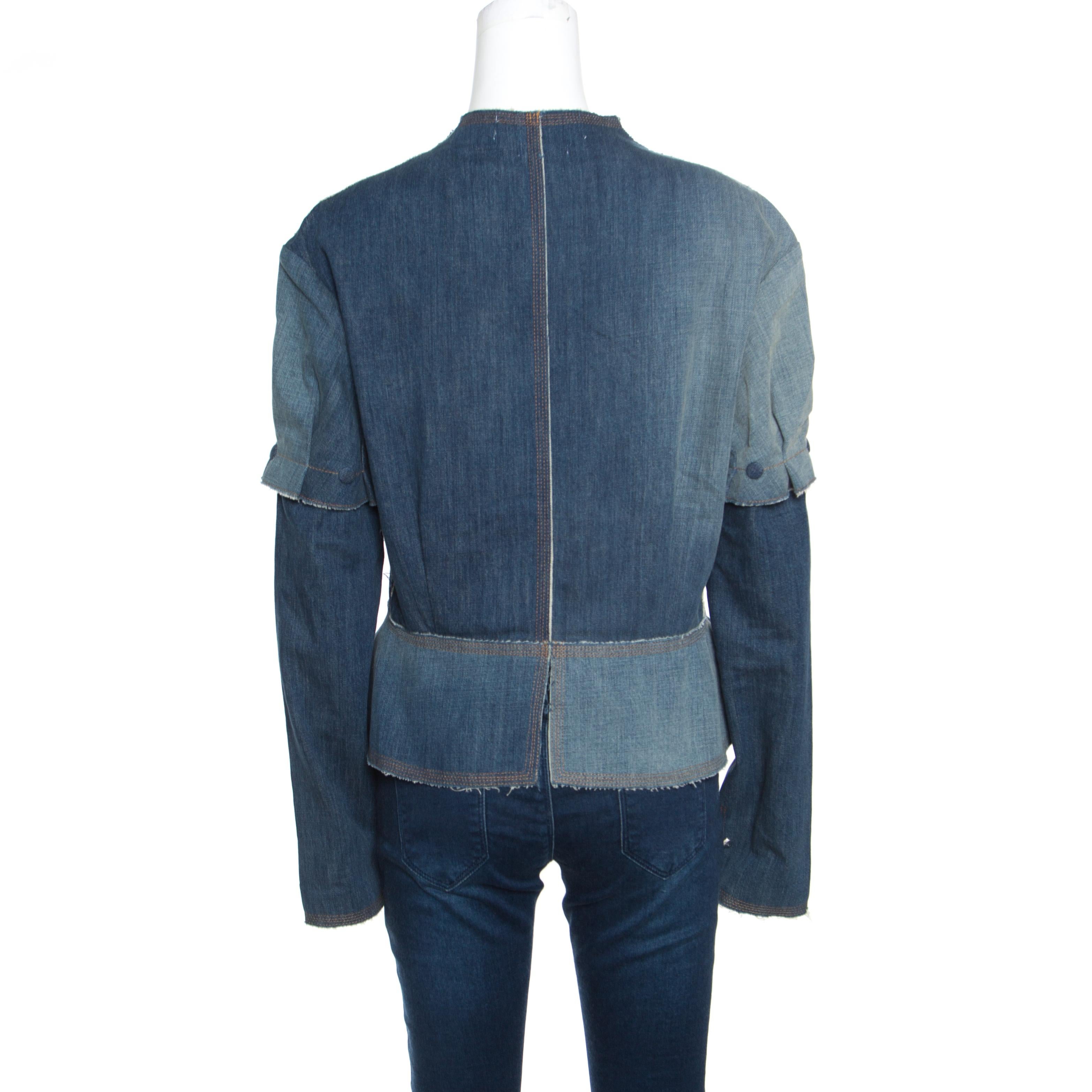 This jacket from Loewe appears to have been made for a fashion diva like yourself. The creation is so edgy, it makes our hearts flutter and our closets to dance. It is tailored from denim and detailed with a leather trim that has frayed edges,