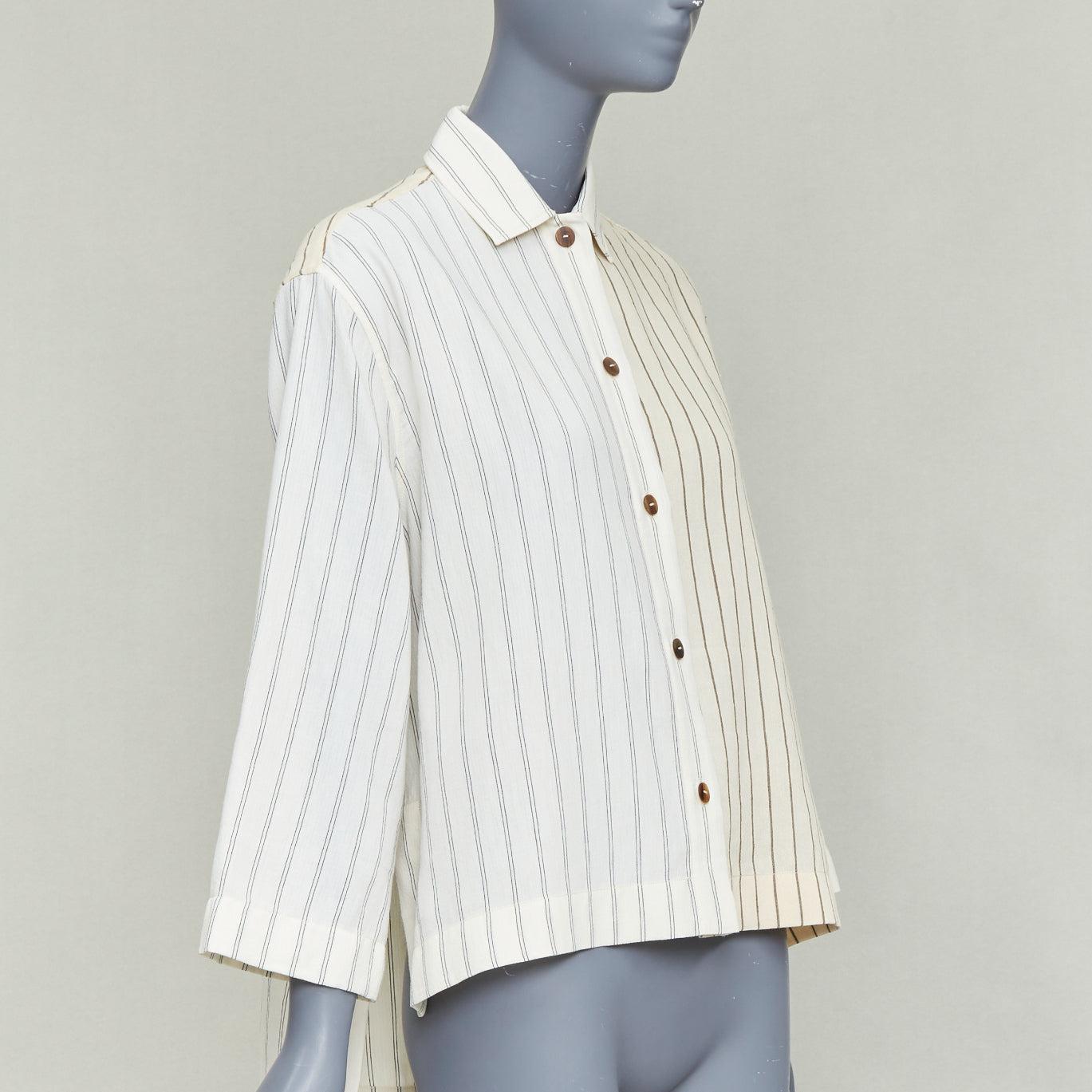 Grigio LOEWE JW ANDERSON - camicia boxy cropped in cotone e lino gessato color crema FR34 XS in vendita