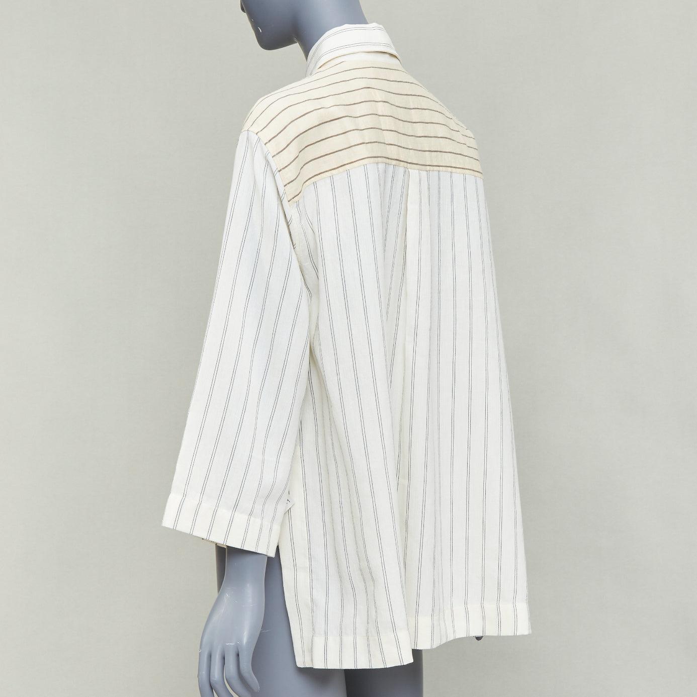 LOEWE JW ANDERSON - camicia boxy cropped in cotone e lino gessato color crema FR34 XS in vendita 1