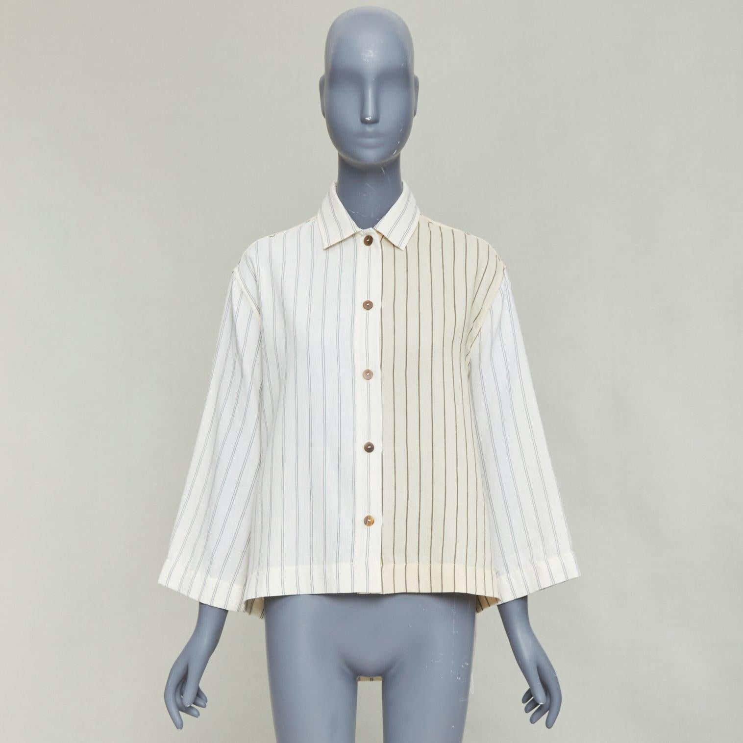LOEWE JW ANDERSON - camicia boxy cropped in cotone e lino gessato color crema FR34 XS in vendita 4