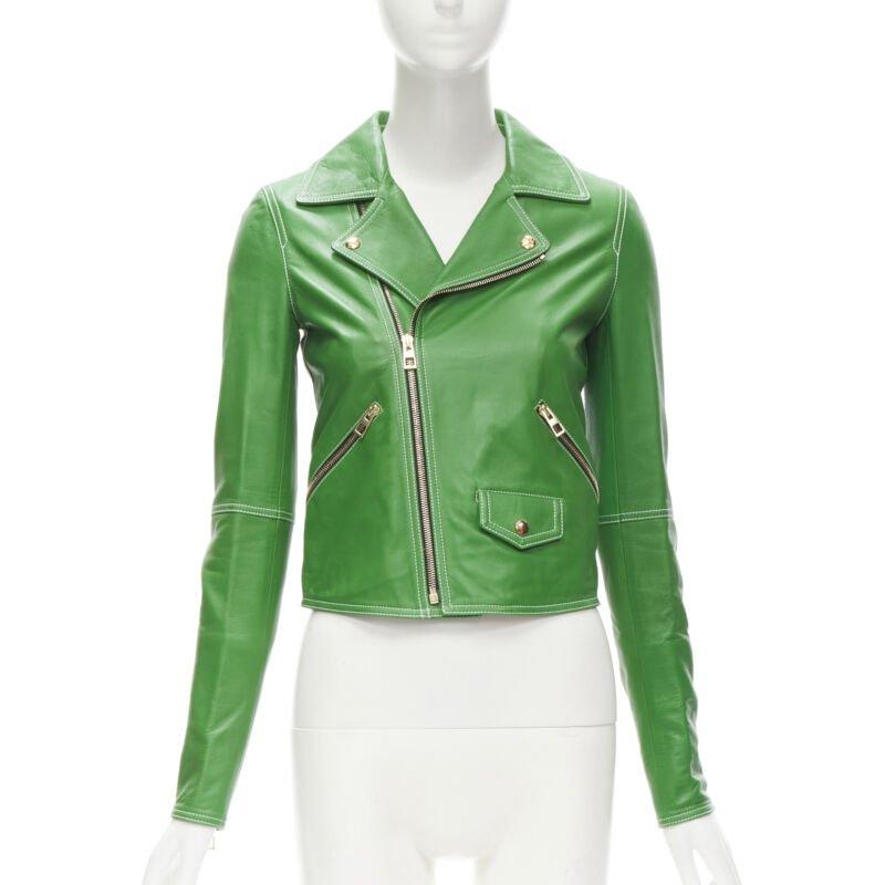 Gray LOEWE JW ANDERSON kelly green leather moto biker jacket S For Sale