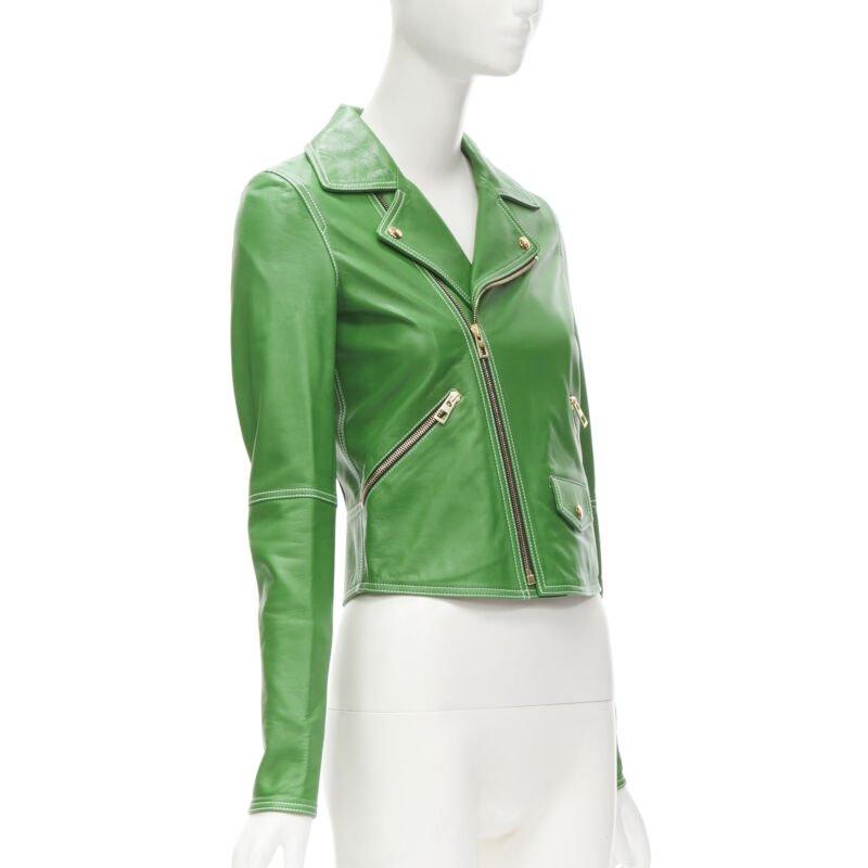 LOEWE JW ANDERSON kelly green leather moto biker jacket S In Excellent Condition For Sale In Hong Kong, NT