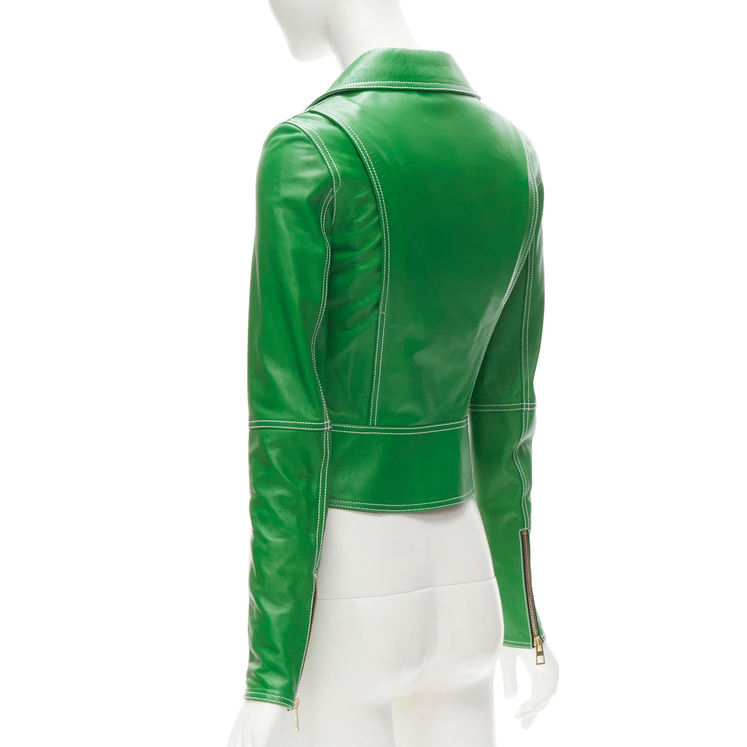 LOEWE JW ANDERSON kelly green leather moto biker jacket S In Excellent Condition For Sale In Hong Kong, NT