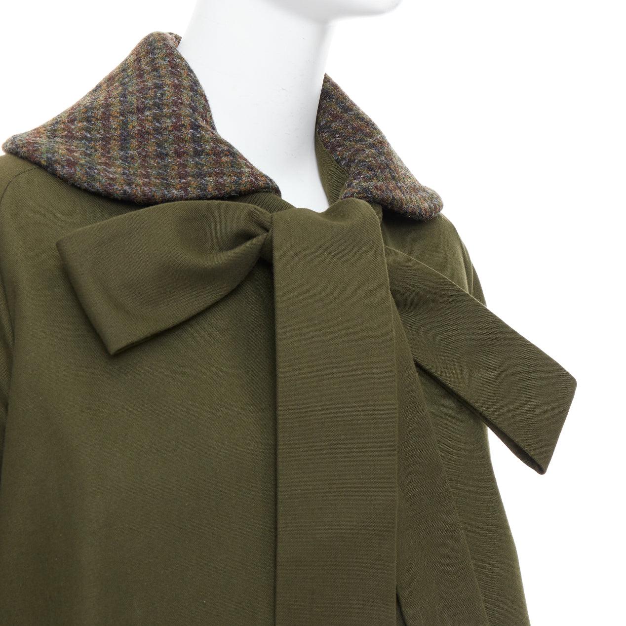 Beige LOEWE khaki green cotton tweed collar bow neck swing coat FR34 XS