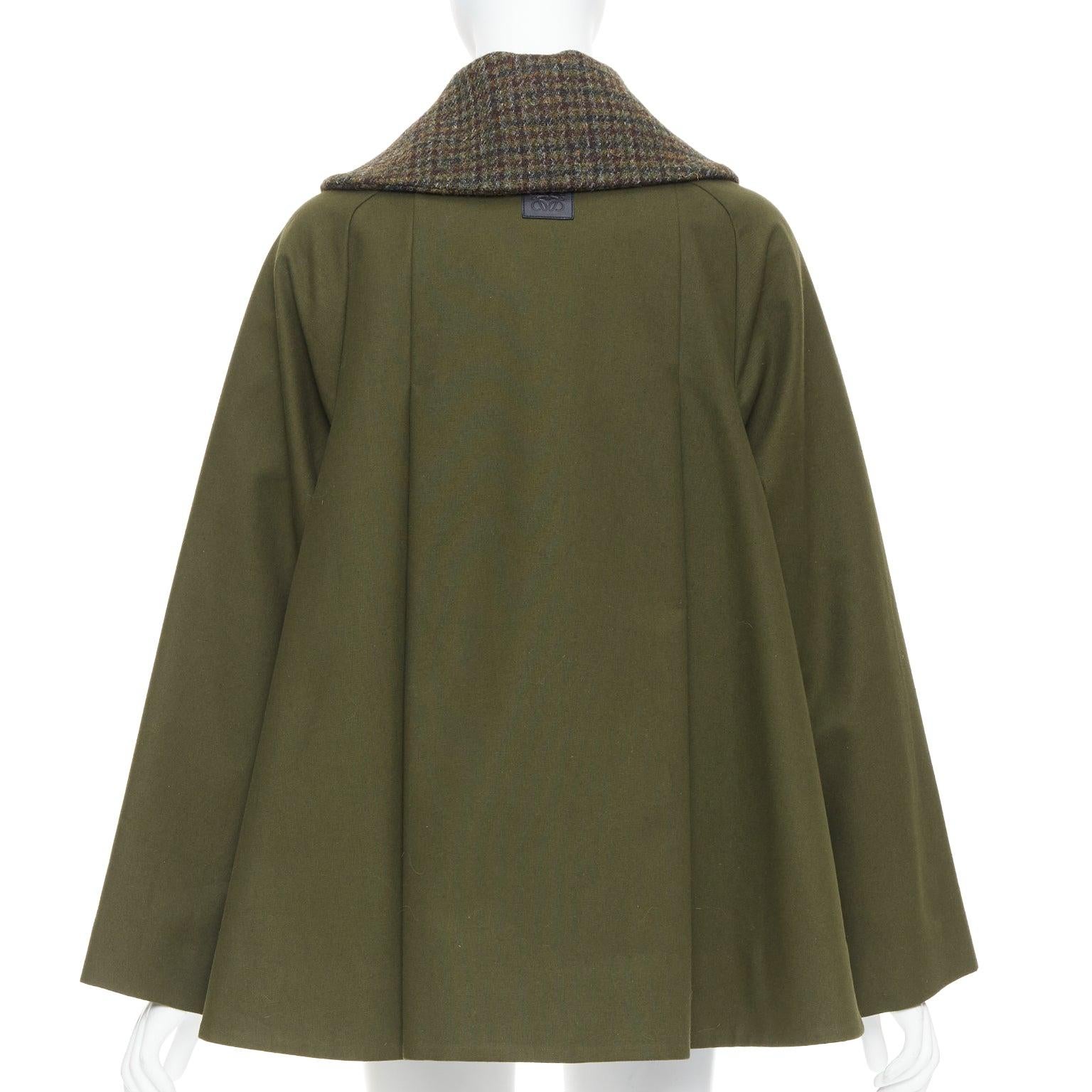 Women's LOEWE khaki green cotton tweed collar bow neck swing coat FR34 XS