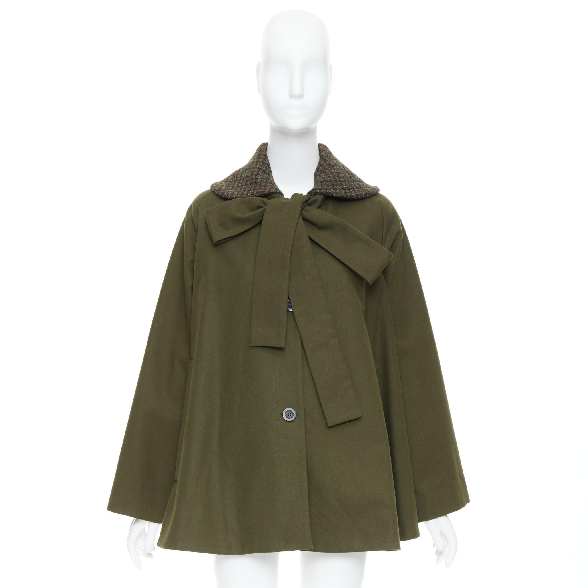 LOEWE khaki green cotton tweed collar bow neck swing coat FR34 XS 4