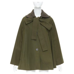 LOEWE khaki green cotton tweed collar bow neck swing coat FR34 XS