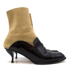 Loewe Leather and Suede Black & Tan Heeled Sock Boot Loafers 38 (IT)