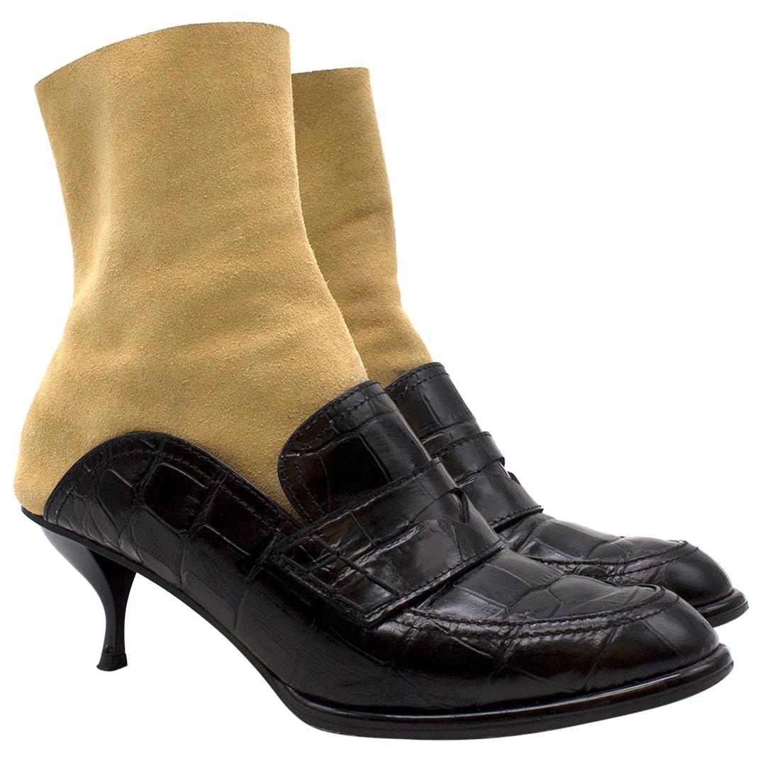 Loewe Leather and Suede Black 
Tan Heeled Sock Boot Loafers 38 (IT)