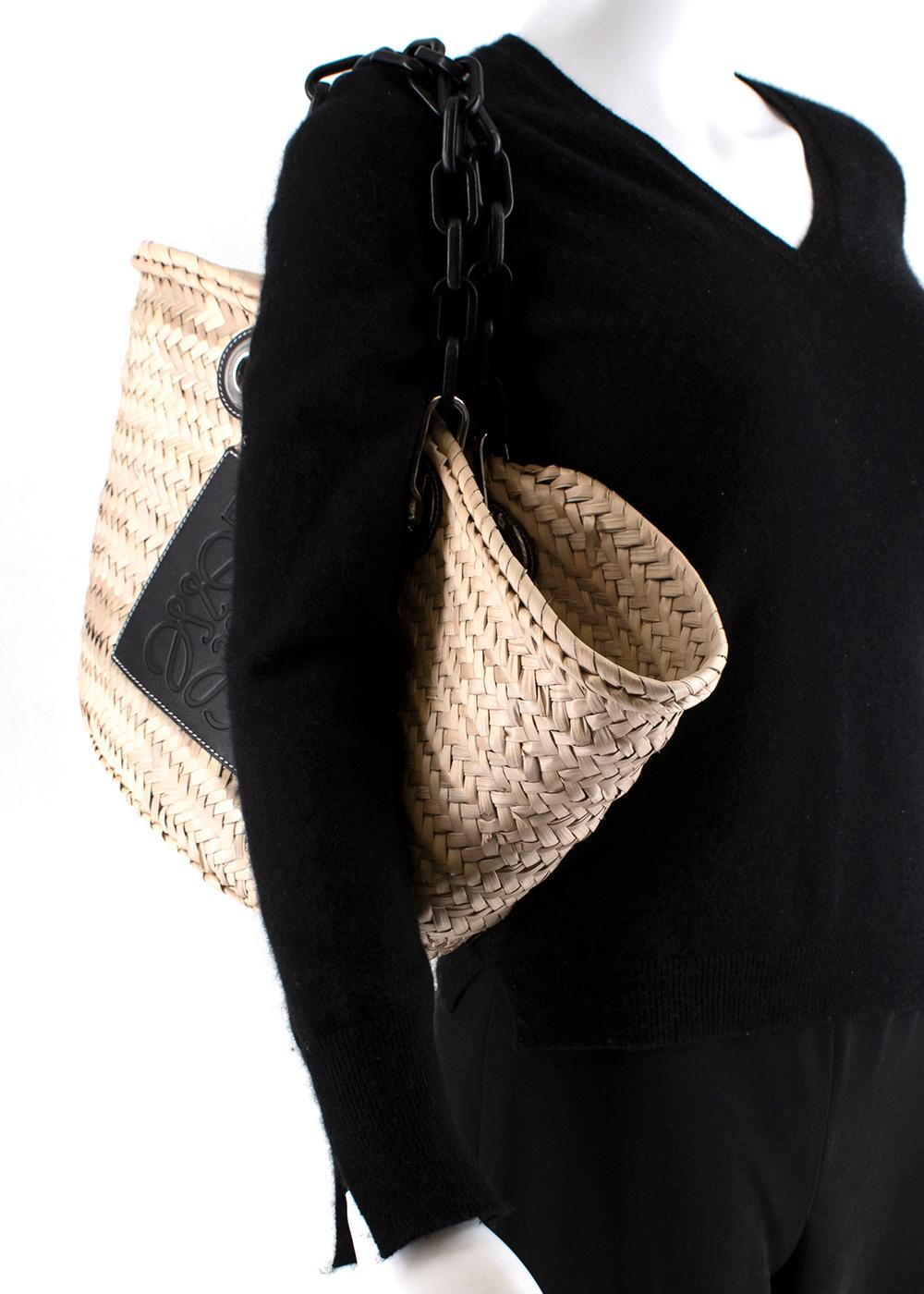 Brown Loewe Logo Natural Straw Basket Bag with Black Chain Handle