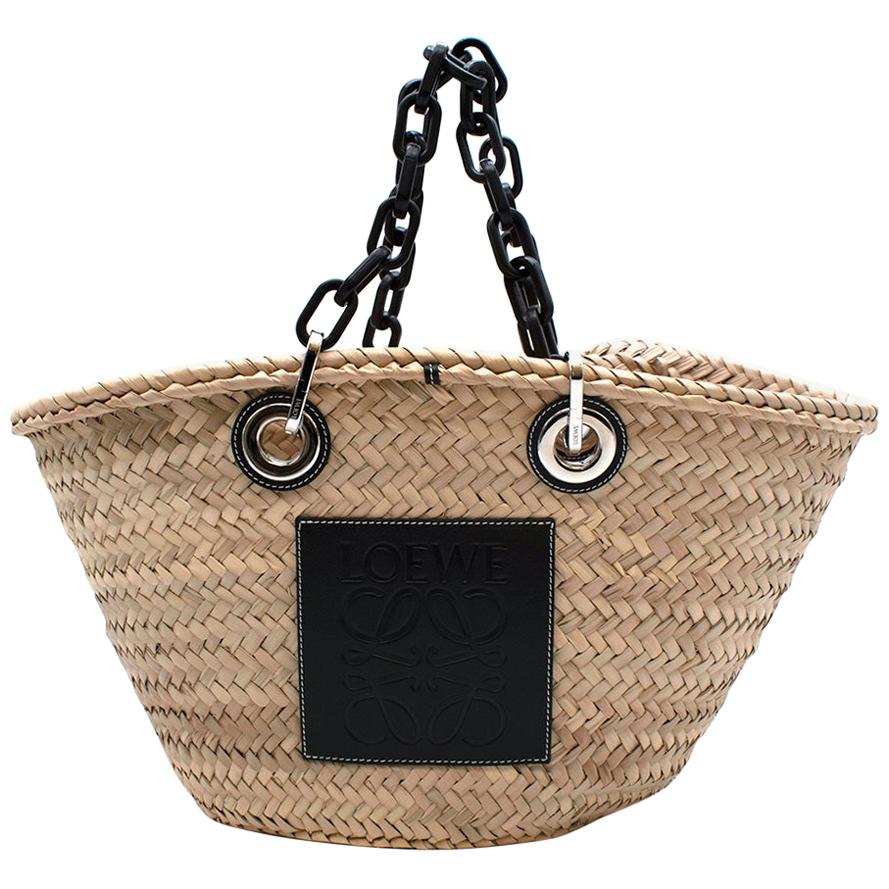 Loewe Logo Natural Straw Basket Bag with Black Chain Handle