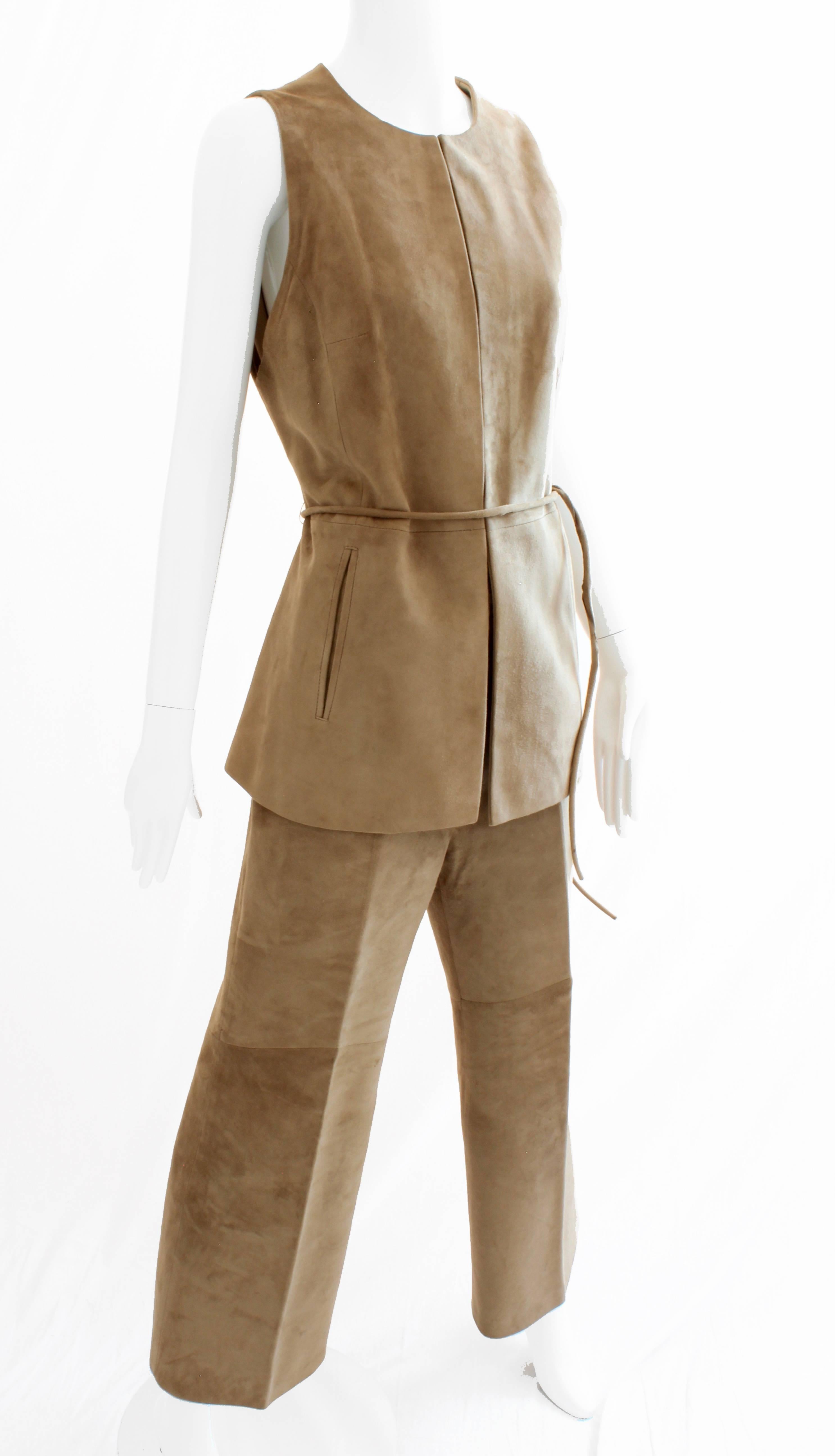 Brown Loewe Madrid Camel Suede Leather Vest Pant and Belt Suit Set 