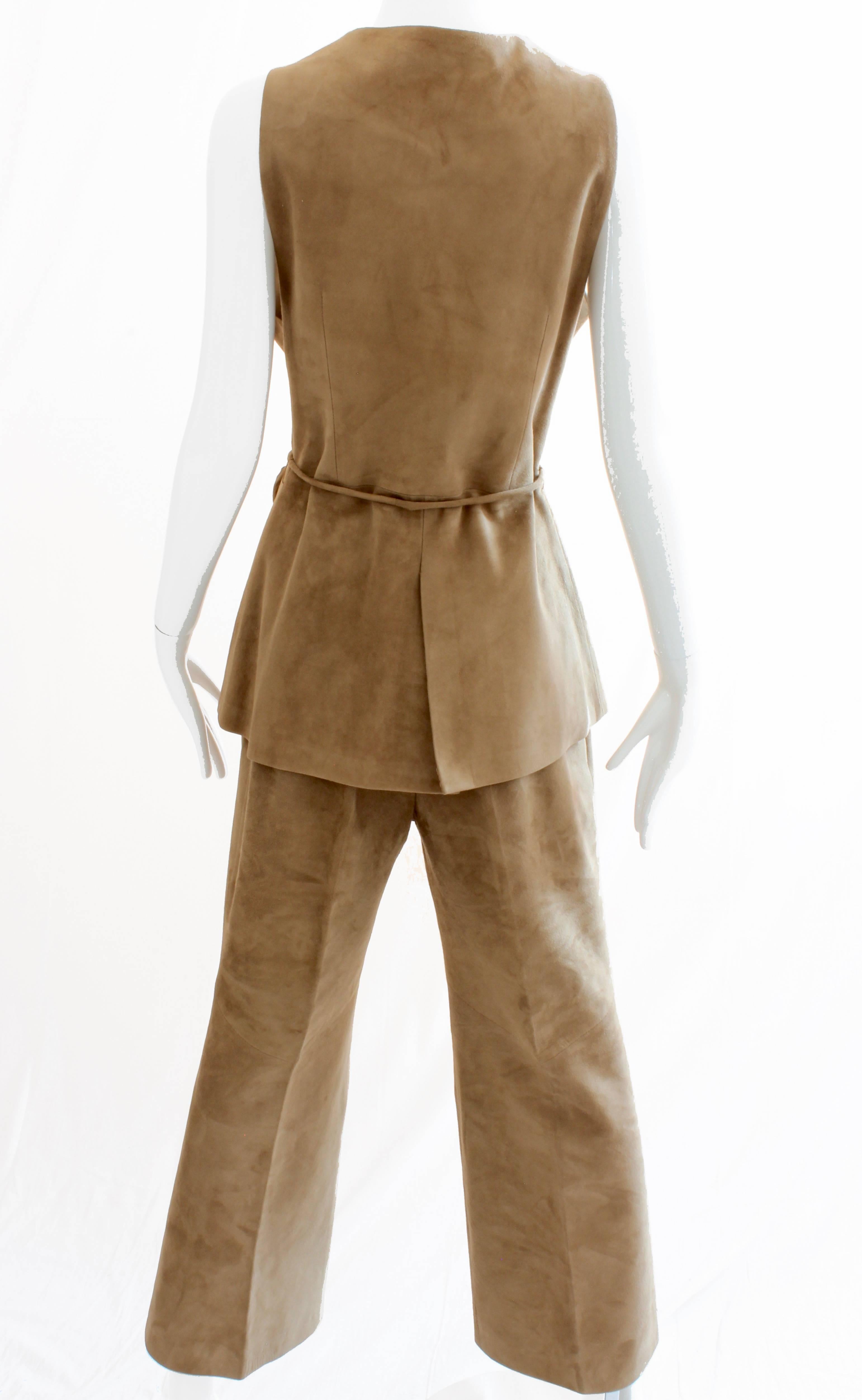 Loewe Madrid Camel Suede Leather Vest Pant and Belt Suit Set  In Good Condition In Port Saint Lucie, FL