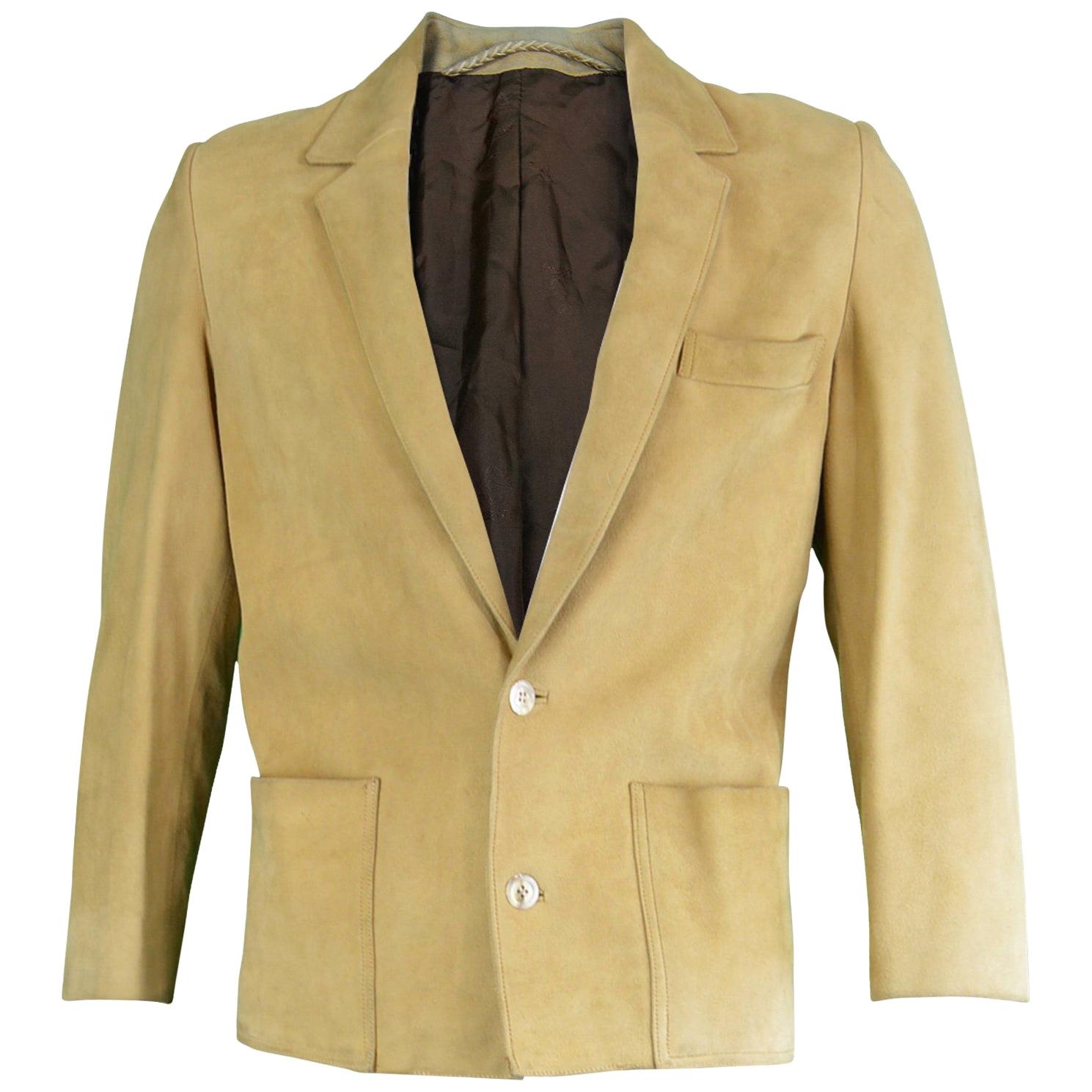 Loewe Mens Light Brown Suede Leather Vintage Blazer Jacket, 1980s EU 48