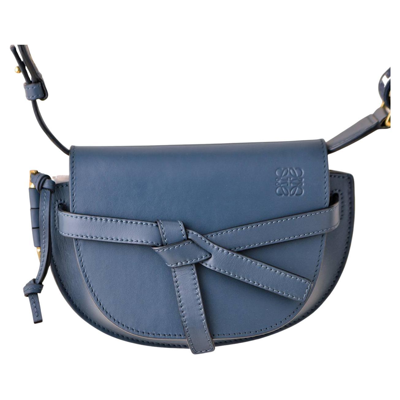 Loewe Mini Gate Dual Blue Leather Saddle Bag For Sale