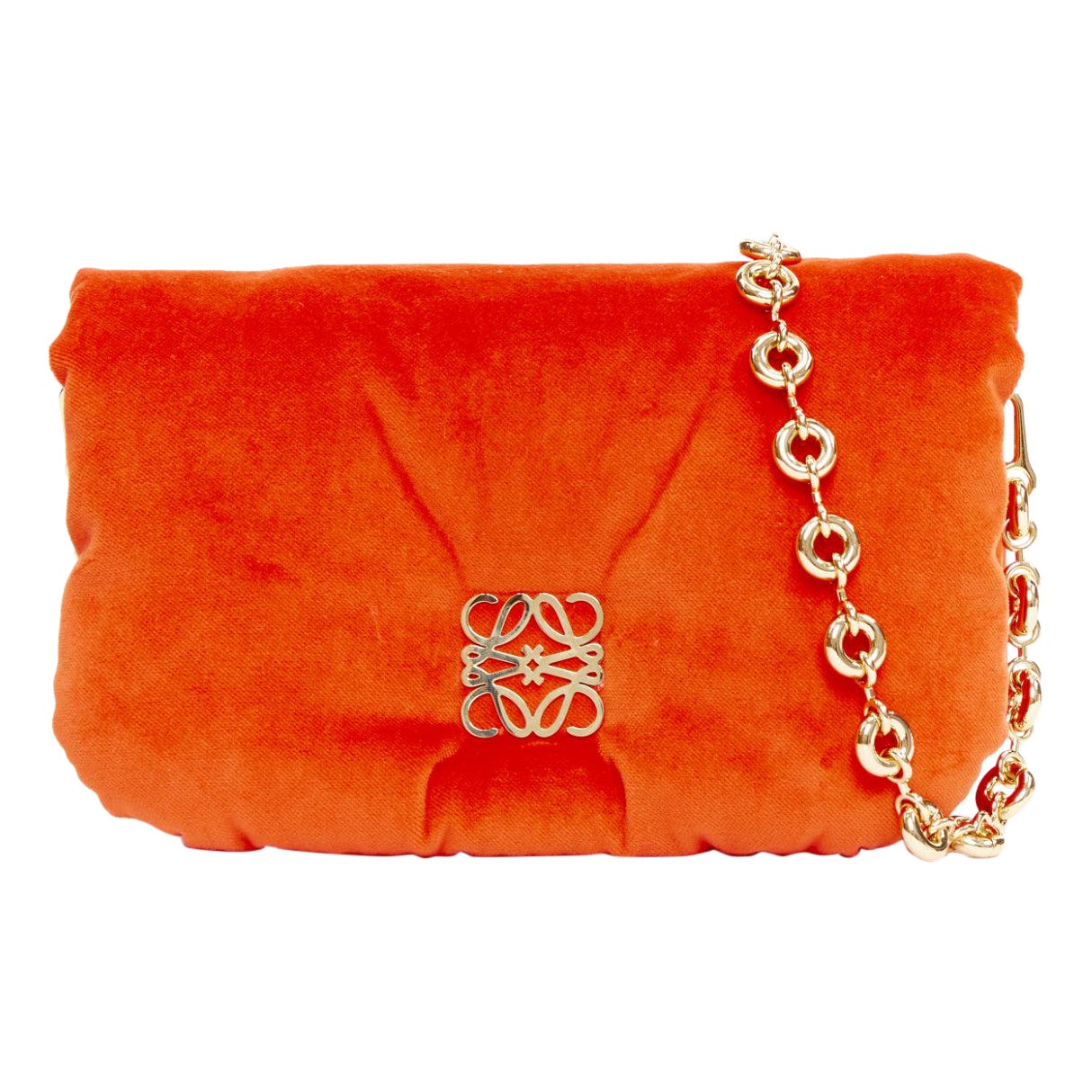 Loewe Mini Goya Puffer coral red orange velvet gold chain cushion bag in vendita