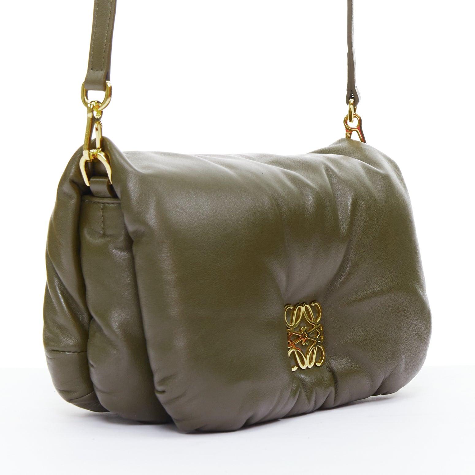 Gray LOEWE Mini Puffer Goya khaki soft nappa padded pillow crossbody bag For Sale