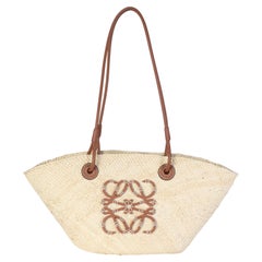 Loewe Natural Tan Calfskin Raffia Small Anagram Basket Tote