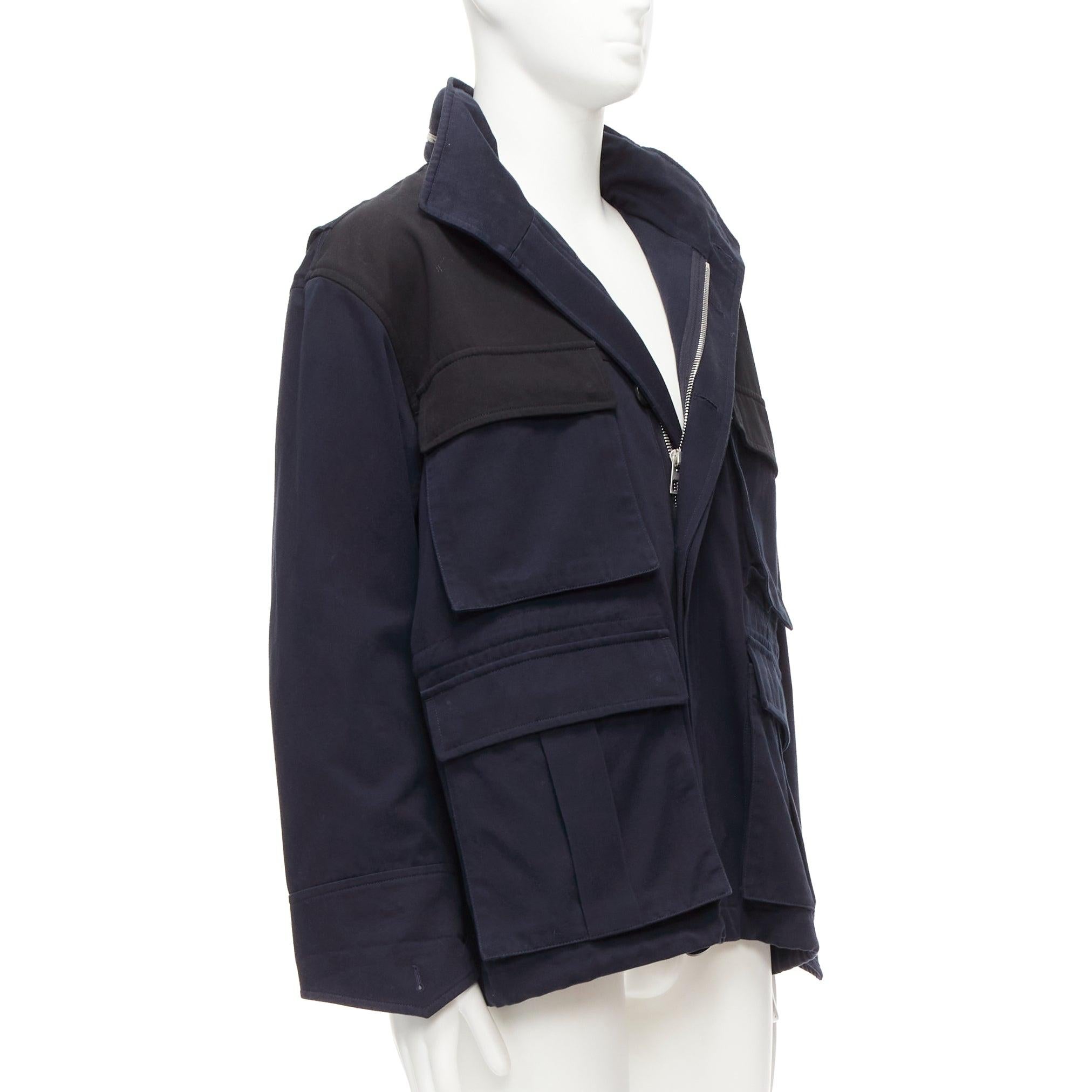 LOEWE navy black anagram cotton multi pocket military field jacket IT46 S In Good Condition For Sale In Hong Kong, NT