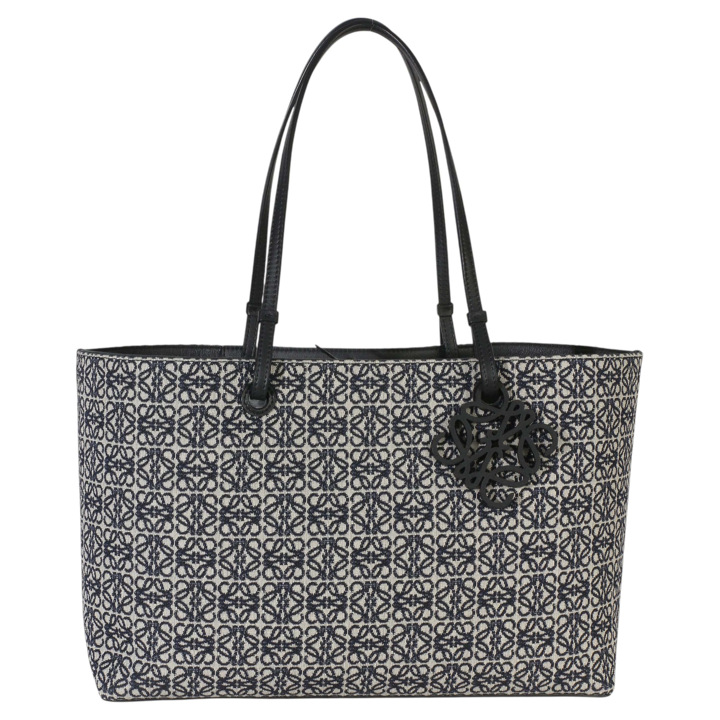 Loewe Navy Black Jacquard Anagram East West Tote For Sale
