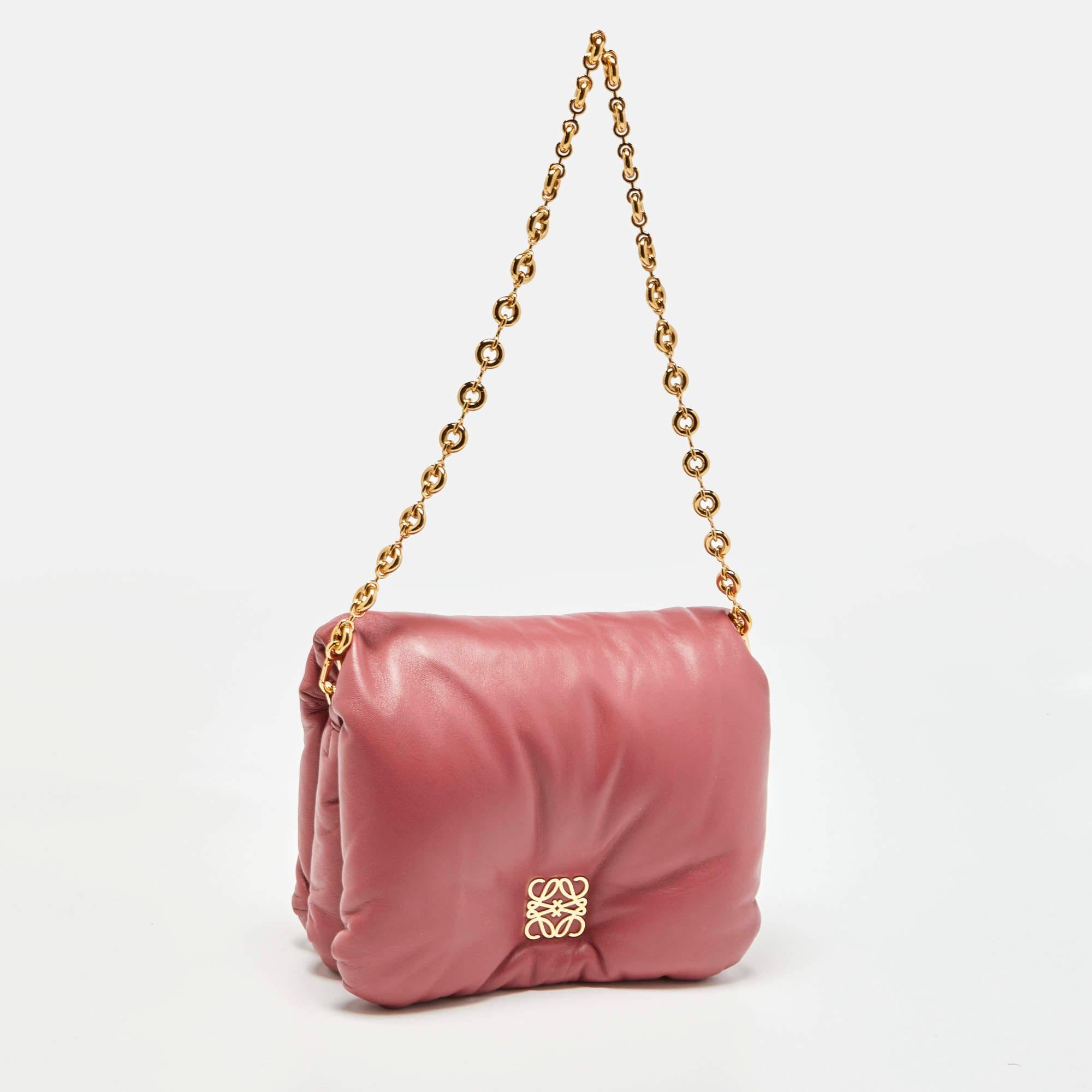 Pink Loewe Old Rose Leather Goya Chain Shoulder Bag