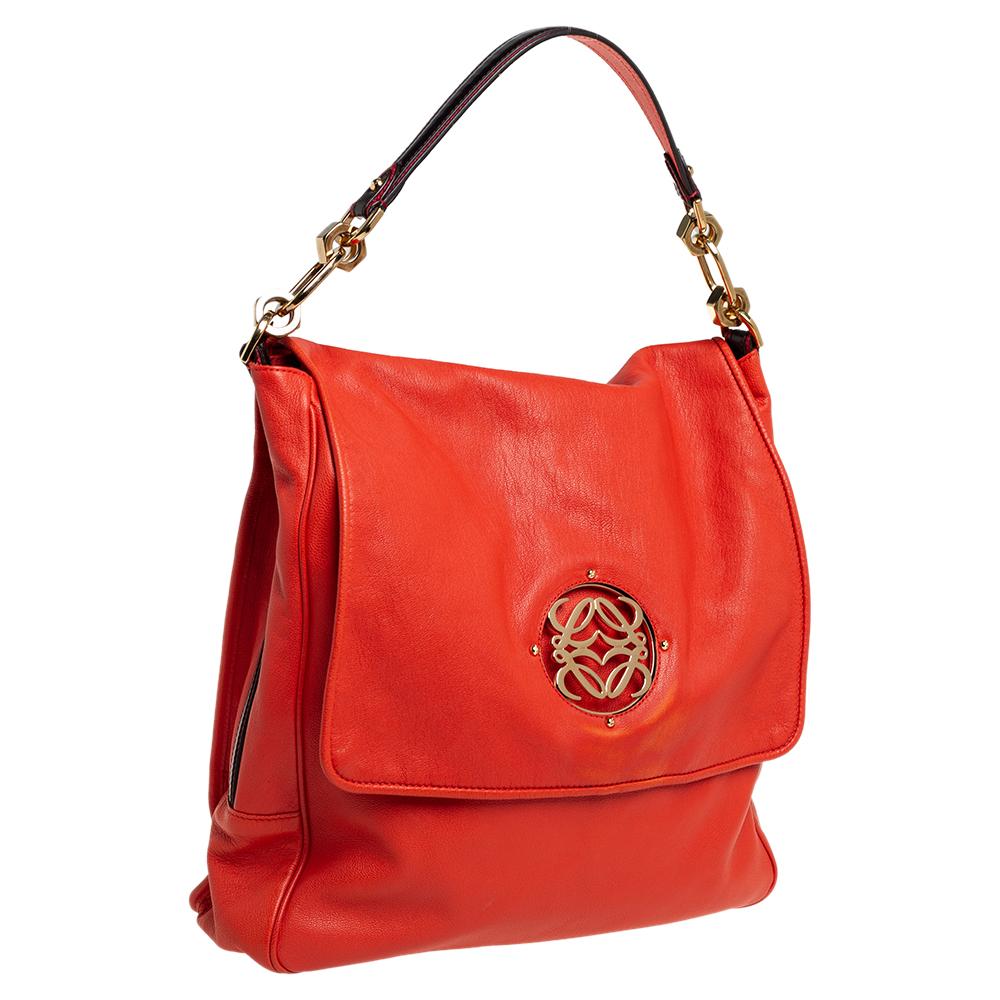 Women's Loewe Orange Leather Maia Anagram Flap Top Handle Bag