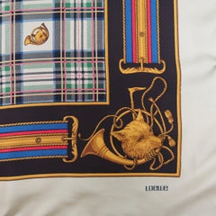 LOEWE Pastel Yellow Multi Color Plaid Fox Horn Print Silk Scarf