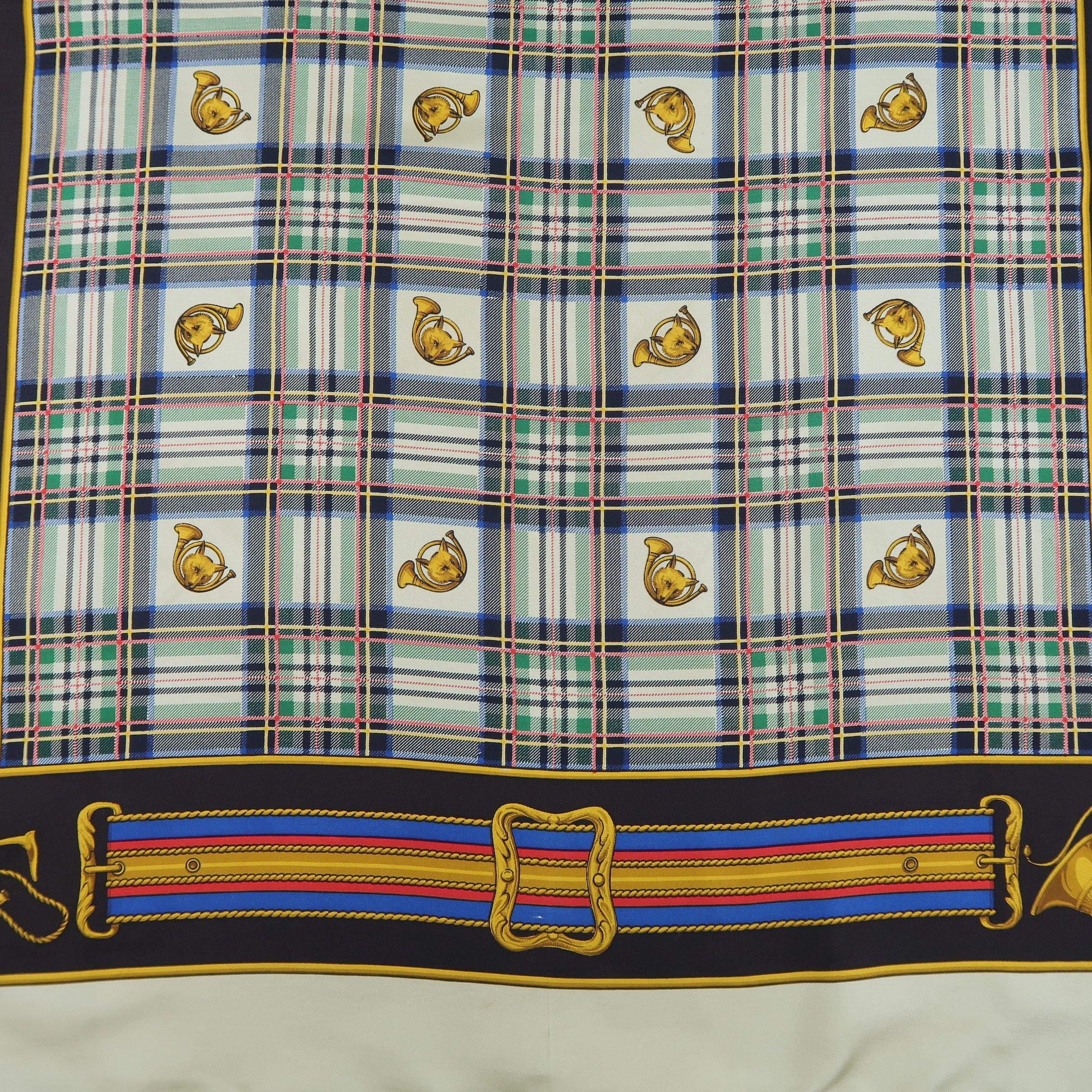LOEWE Pastel Yellow Multi Color Plaid Fox Horn Print Silk Scarf In Good Condition In San Francisco, CA