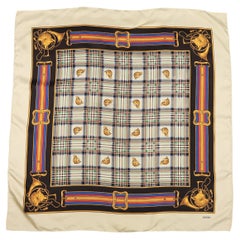 LOEWE Pastel Yellow Multi Color Plaid Fox Horn Print Silk Scarf