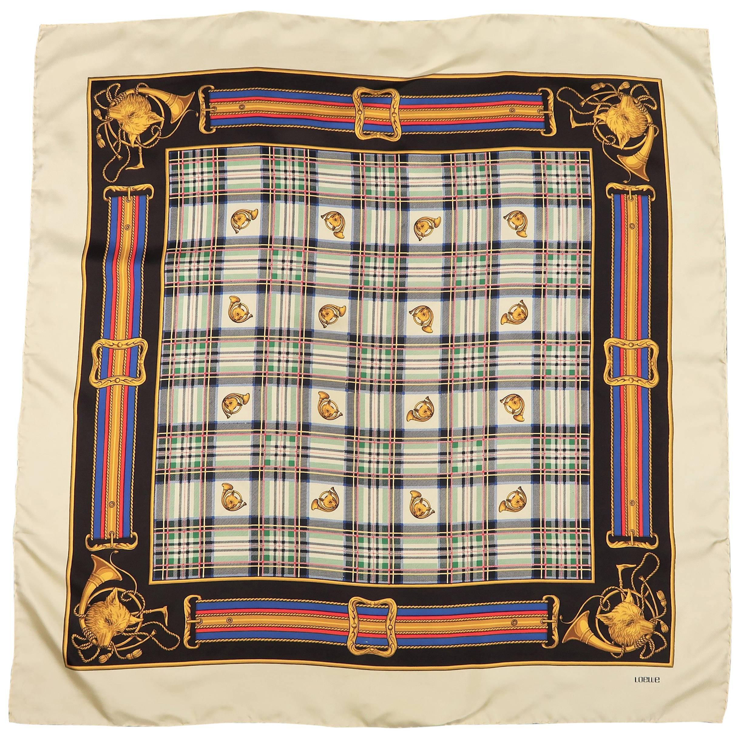 Loewe Pastel Yellow Multi Color Plaid Fox Horn Print Silk Scarf