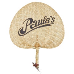 LOEWE Paula's black embroidery rattan raffia brown leather tie hand fan