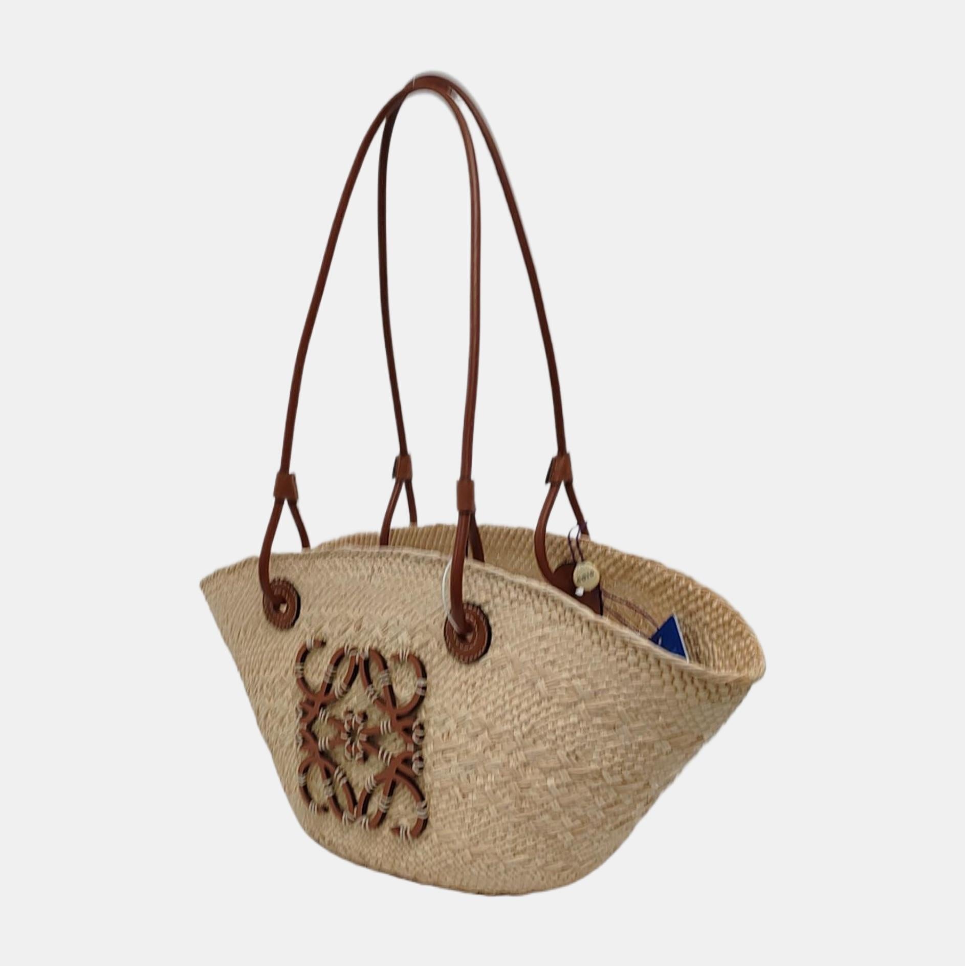 Brown Loewe Paulas Ibiza Anagram Raffia Small Basket Tote Bag For Sale
