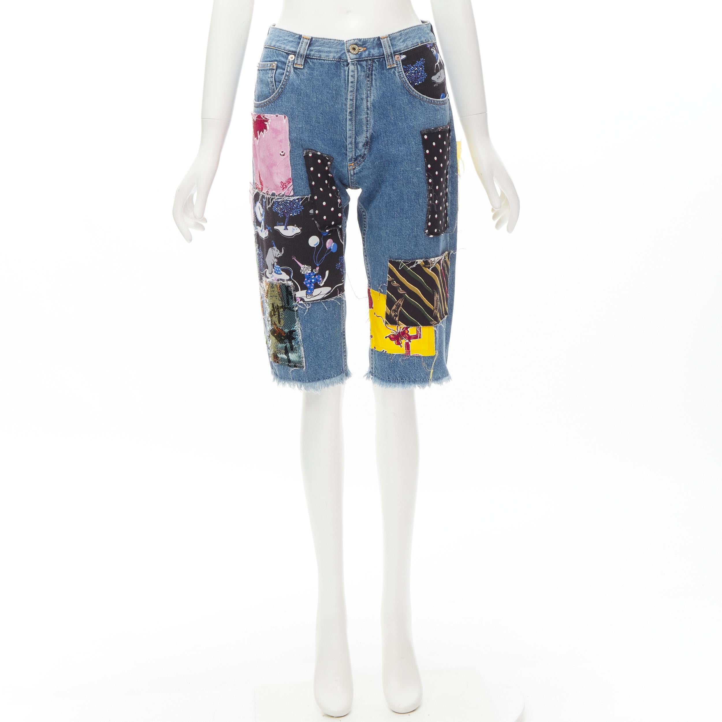 LOEWE PAULA'S IBIZA blue denim mixed sequins patchwork cut off shorts S For Sale 3