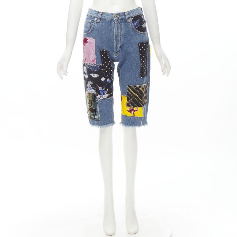 LOEWE PAULA'S IBIZA blue denim mixed sequins patchwork cut off shorts S For Sale 6