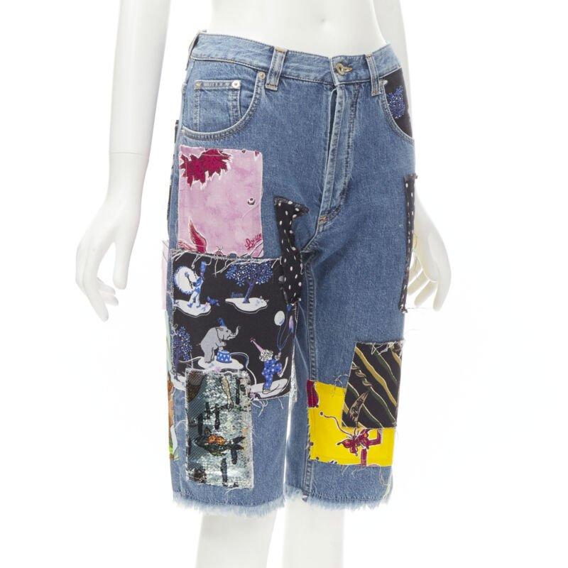 Gray LOEWE PAULA'S IBIZA blue denim mixed sequins patchwork cut off shorts S For Sale