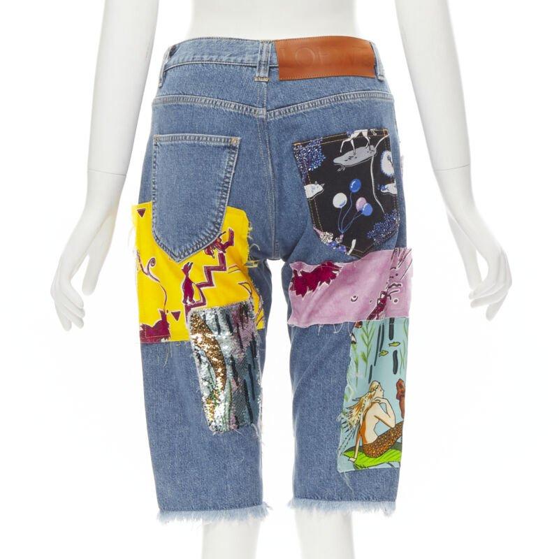 Women's LOEWE PAULA'S IBIZA blue denim mixed sequins patchwork cut off shorts S For Sale