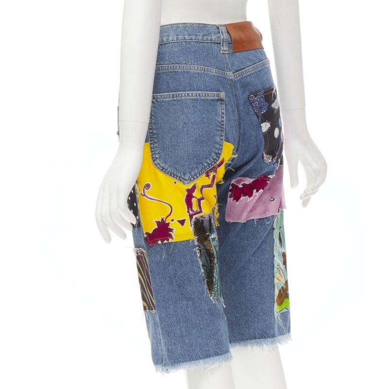LOEWE PAULA'S IBIZA blue denim mixed sequins patchwork cut off shorts S For Sale 1