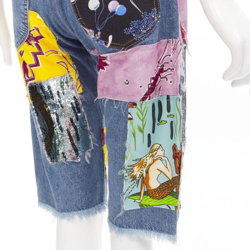 LOEWE PAULA'S IBIZA blue denim mixed sequins patchwork cut off shorts S For Sale 4