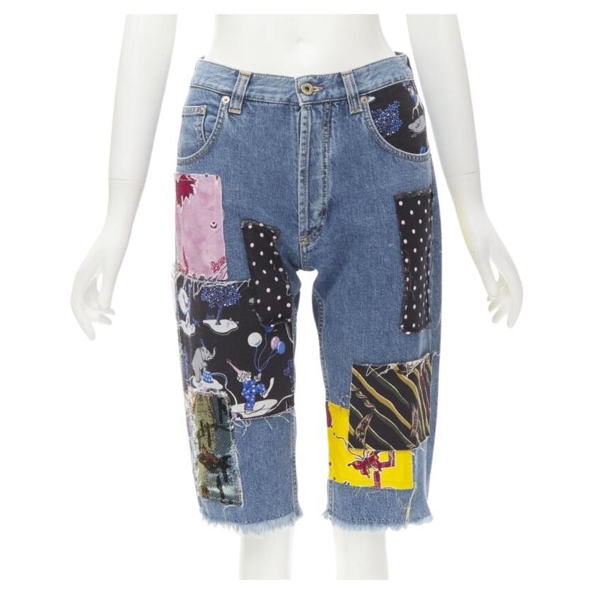 LOEWE PAULA'S IBIZA blue denim mixed sequins patchwork cut off shorts S For Sale