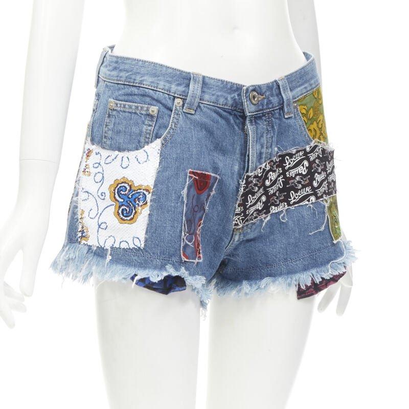 Gray LOEWE PAULA'S IBIZA blue denim sequnis patchwork cut off shorts FR36 S For Sale