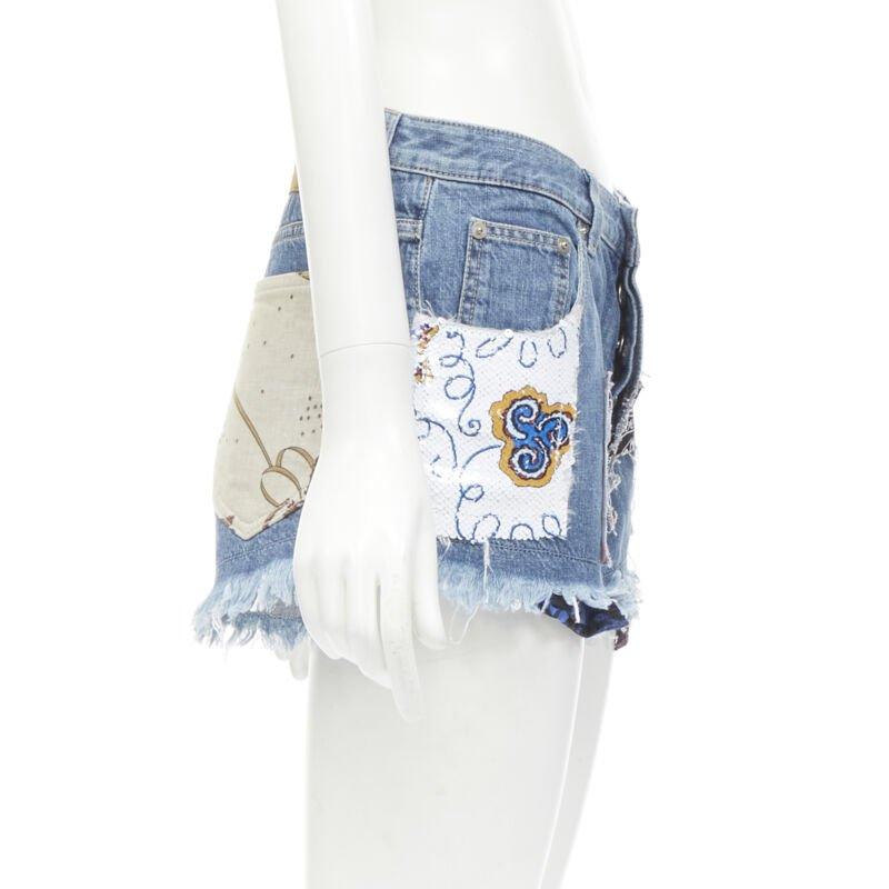 LOEWE PAULA'S IBIZA blue denim sequnis patchwork cut off shorts FR36 S In Excellent Condition For Sale In Hong Kong, NT