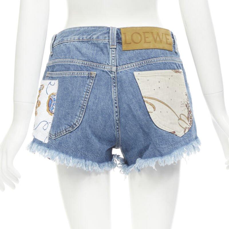 Women's LOEWE PAULA'S IBIZA blue denim sequnis patchwork cut off shorts FR36 S For Sale
