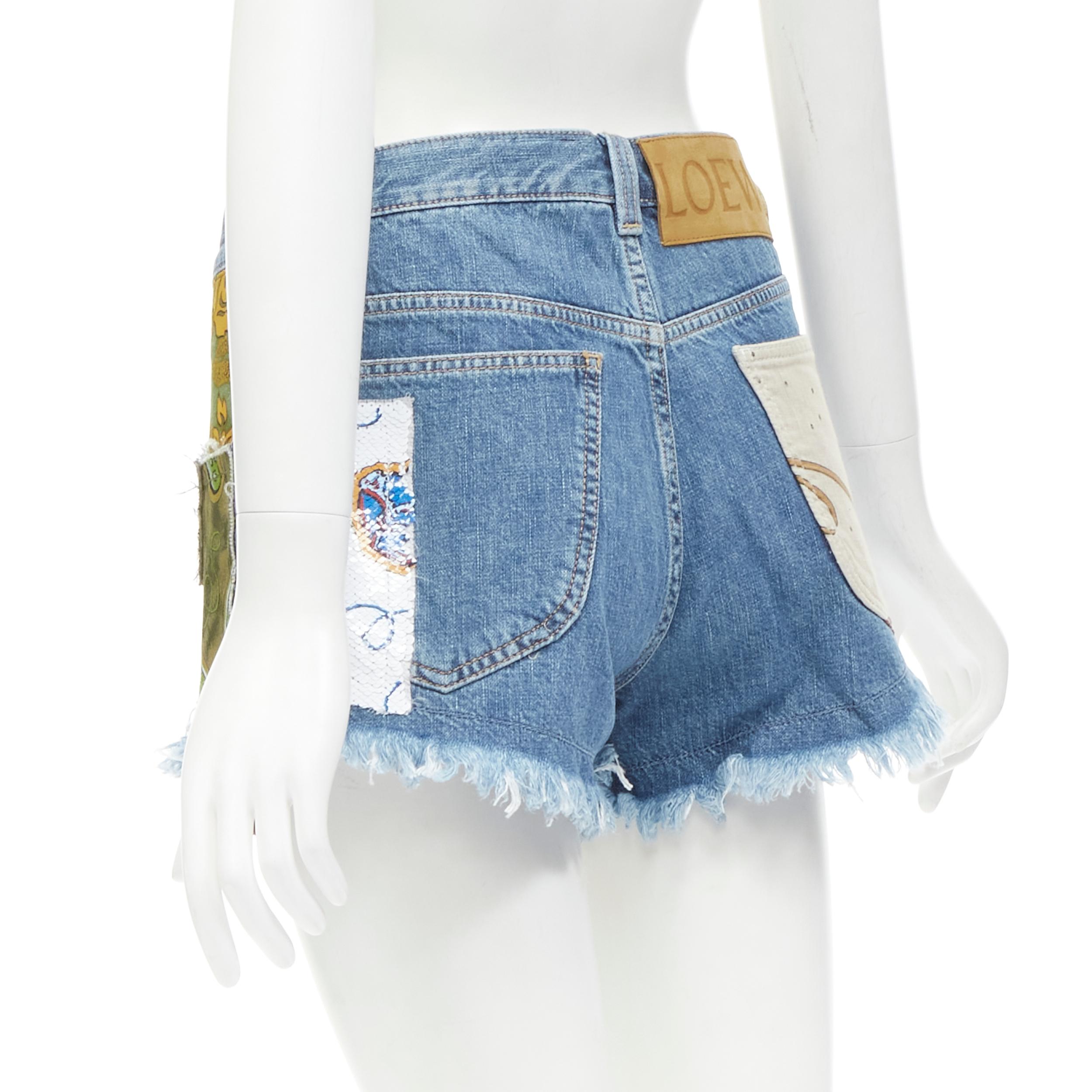 Gray LOEWE PAULA'S IBIZA blue denim sequnis patchwork cut off shorts FR36 S For Sale