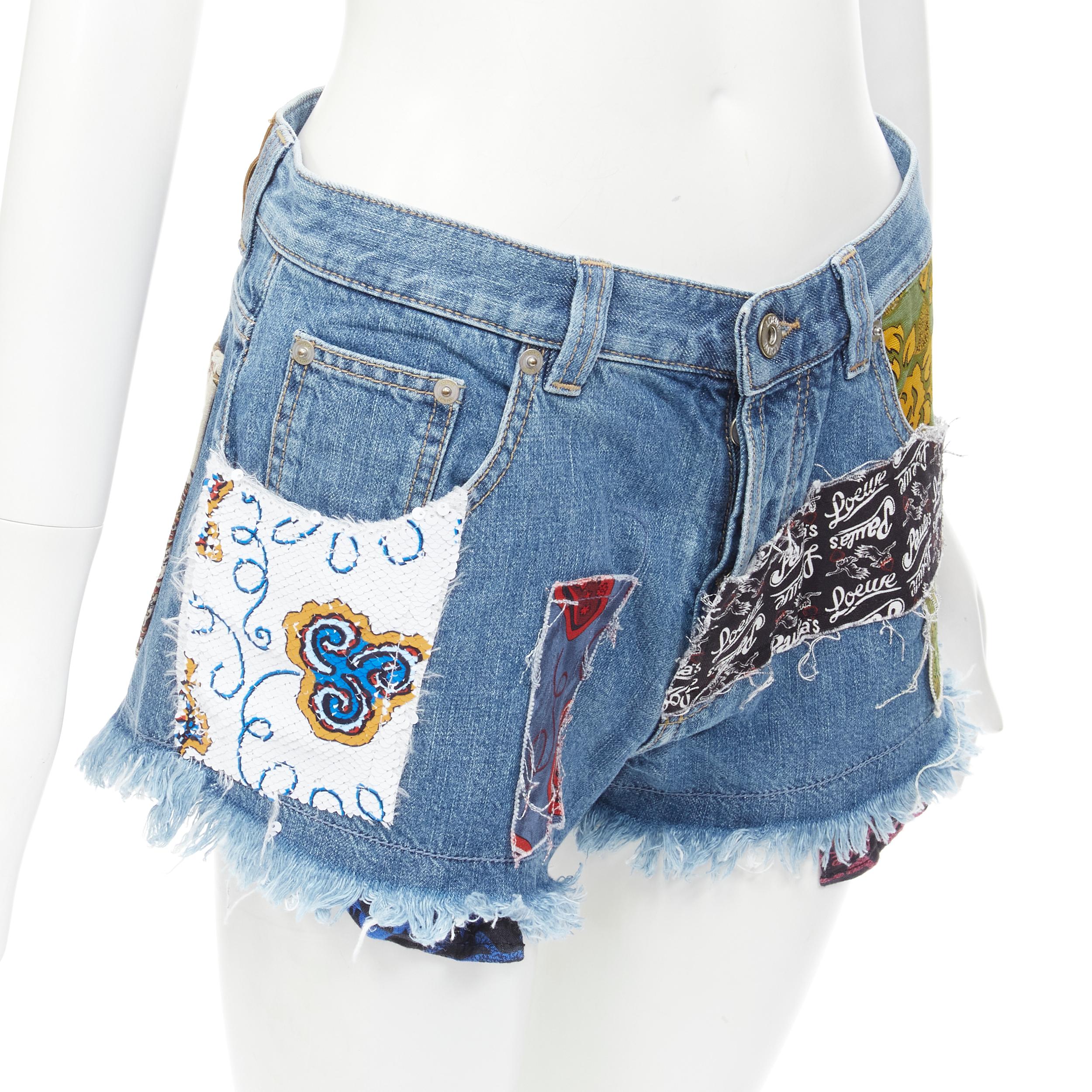 Women's LOEWE PAULA'S IBIZA blue denim sequnis patchwork cut off shorts FR36 S For Sale