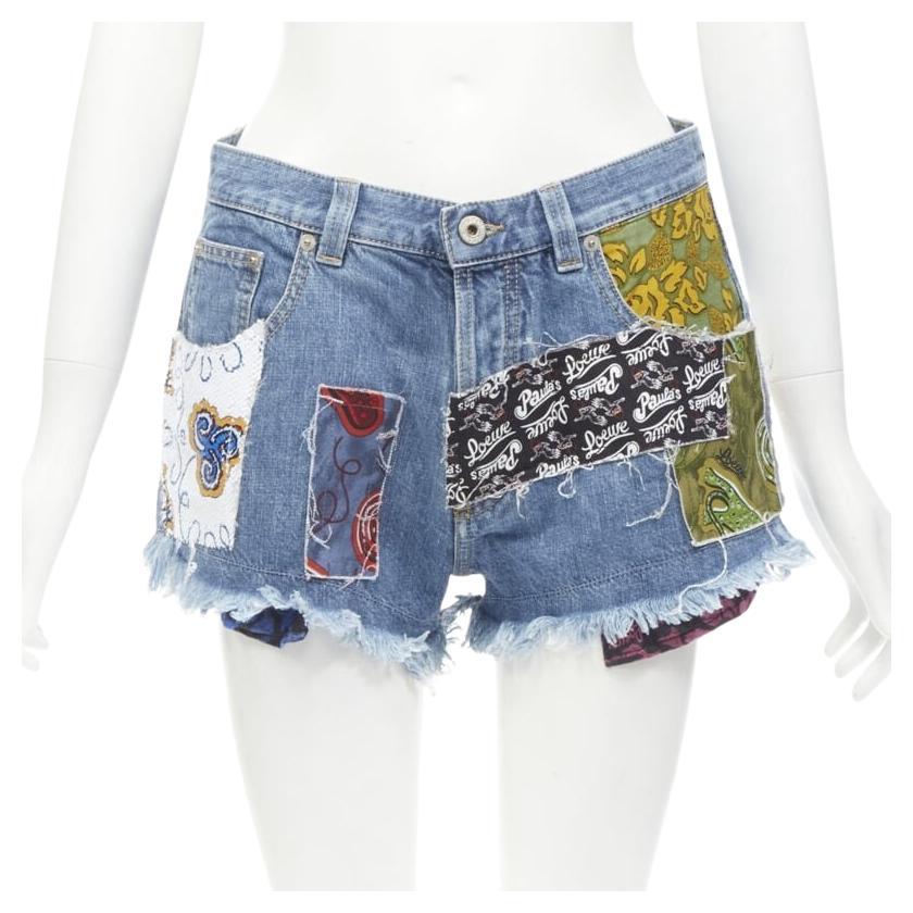 LOEWE PAULA'S IBIZA blue denim sequnis patchwork cut off shorts FR36 S For Sale