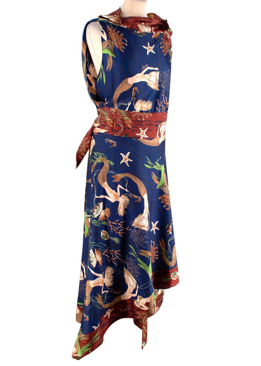  Loewe Paula's Ibiza Silk Twill Mermaid Print Dress
 

 - Bohemian aesthetic, with a whimsical ilustrative mermaid print set on a navy silk twill base with burgundy edging 
 - An asymmetric hem and rumpled off-shoulder detail remiscent of draped