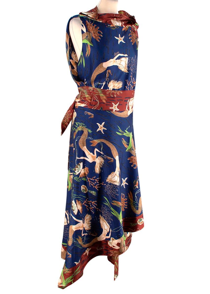  Loewe Paula's Ibiza Silk Twill Mermaid Print Dress
 

 - Bohemian aesthetic, with a whimsical ilustrative mermaid print set on a navy silk twill base with burgundy edging 
 - An asymmetric hem and rumpled off-shoulder detail remiscent of draped