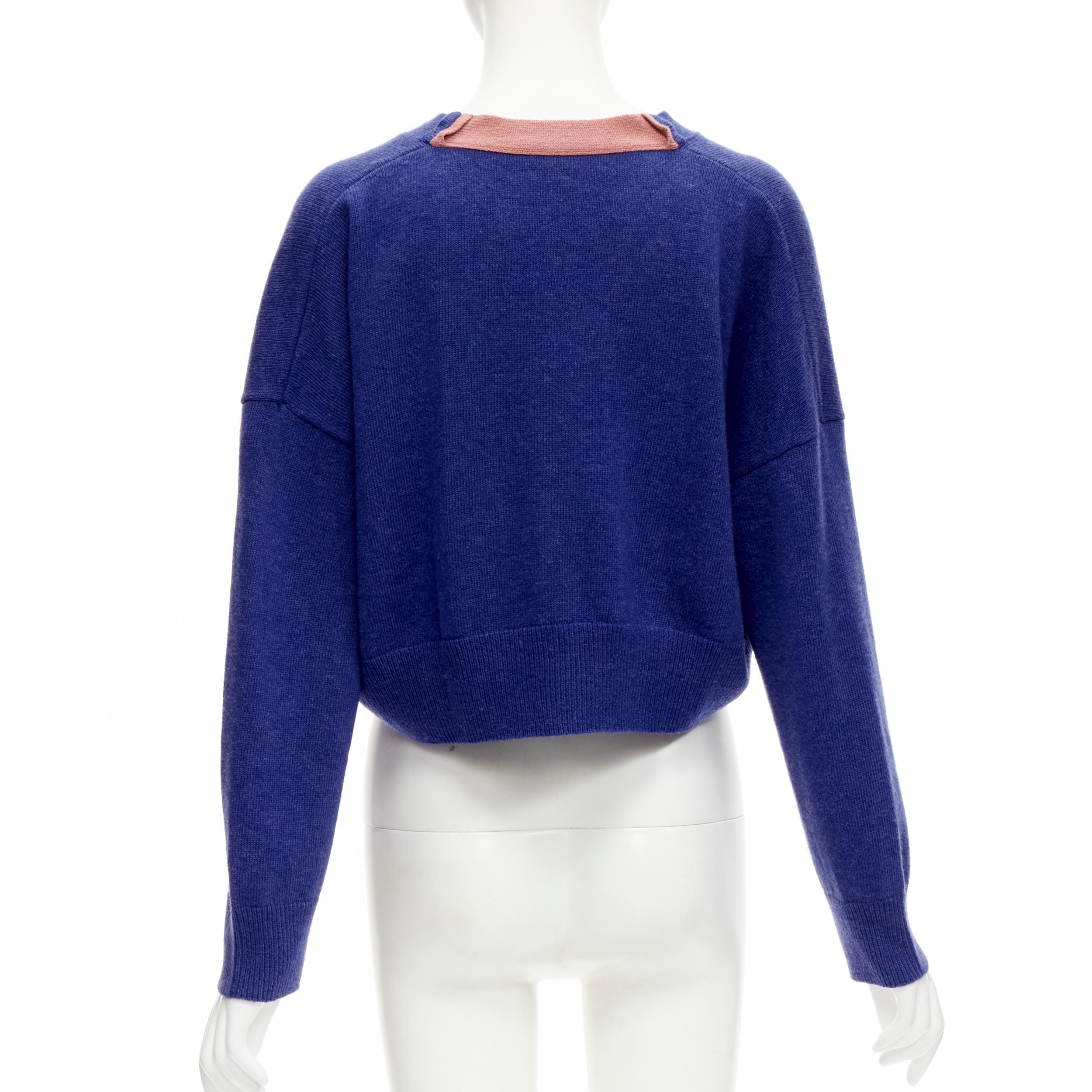 LOEWE pink Anagram logo blue 100% wool cropped cardigan top S In Excellent Condition For Sale In Hong Kong, NT