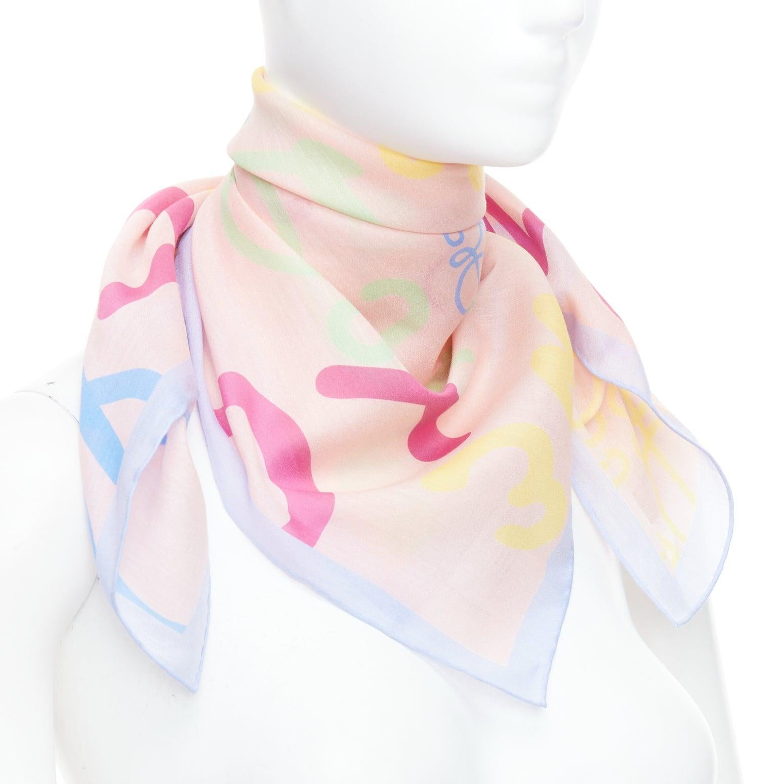 Beige LOEWE pink patel multicolor cotton silk logo print square scarf For Sale